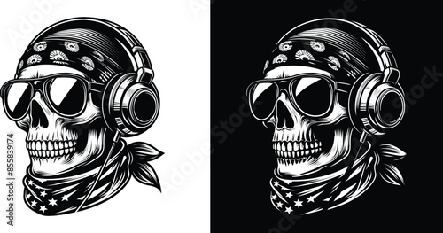 Human Skull Wearing Sunglass And Heatphone Vector Illustration