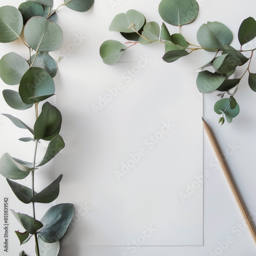 blank paper and eucalyptus with pencil, in the style of minimalist backgrounds, light-filled, naturecore, high-angle, illustration, contest winner, white 