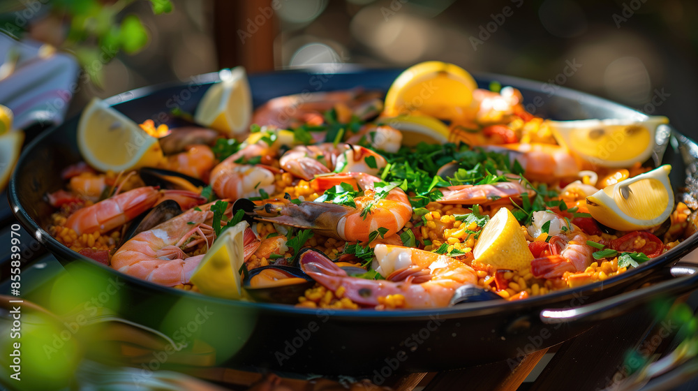 A fresh seafood paella in a large pan, garnished with lemon wedges and fresh herbs A fresh seafood paella in a large pan, garnished with lemon wedges and fresh herbs