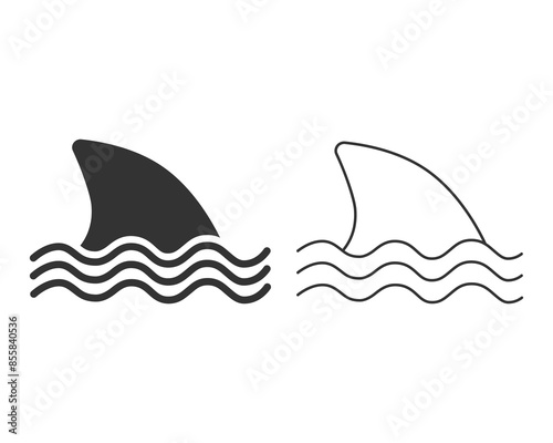 Shark attack warning line icon sign with shark dorsal fin swimming in water flat vector color icon for apps and print