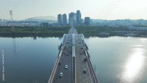 Drone View of Seoul city in South Korea, Yanghwa large bride, Han River, Summer, 60fps photo