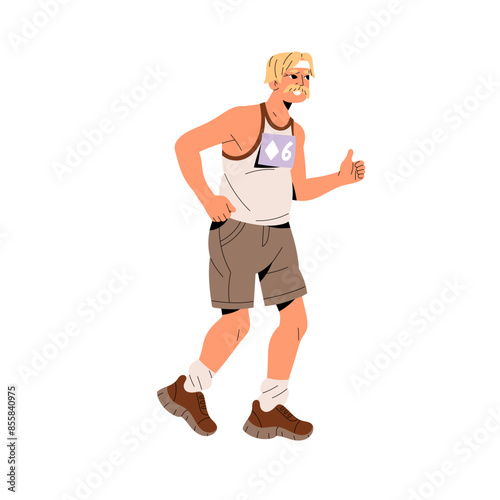 Old man in sportswear does cardio training. Happy aged jogger running with thumbs up gesture. Senior runner jogging in marathon. Active person does sports workout. Flat isolated vector illustration