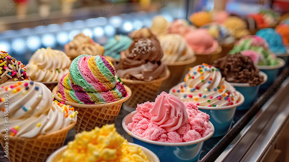 A vibrant scene of an ice cream parlor counter with various colorful ice cream scoops in waffle cones