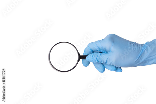 Woman's hand in a blue medical glove holding a magnifying glass or loupe. Mockup or template with round empty space for text and design, isolated on white background. Medicine and health concept photo