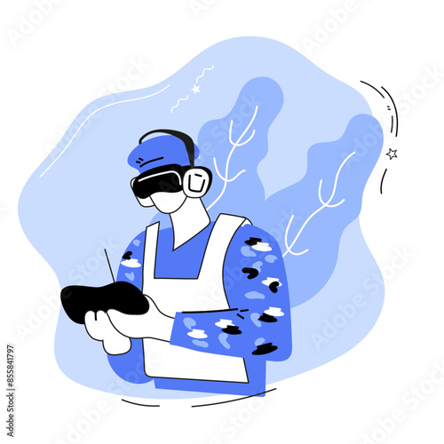 Man using VR headset and control panel, flat vector illustration on white background. VR technologies for training and orienteering sports. Augmented reality technology.
