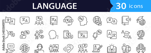 Language set of web icons in line style. Translation and communication linear icon collection. Containing translate, writing, speech, speaking, dictionary, text, language. Editable stroke