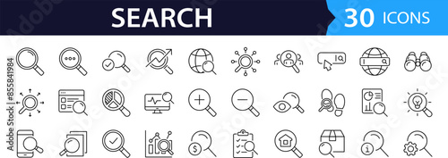 Search set of web icons in line style. Magnifying glass linear icon collection. Containing SEO, Digital marketing, data analysis, management, investigate, find and more. Editable stroke