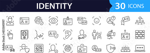 Identity set of web icons in line style. Authentication linear icons collection. Containing identification, passport, biometric, ID card, fingerprint, DNA. Editable stroke