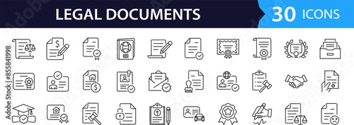 Legal documents set of web icons in line style. Document linear icons collection. Containing passport, contract, agreement, ID card, certificate, license, law, justice. Editable stroke