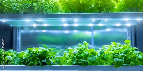 Vertical Hydroponic Shelving System Automated Indoor Herb Gardening with LED Lights. Concept Vertical Gardening, Hydroponics, Indoor Herb Gardening, LED Lights, Automated Gardening Systems photo