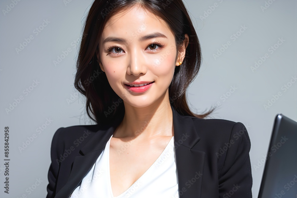 微笑を浮かべるスーツを着た女性