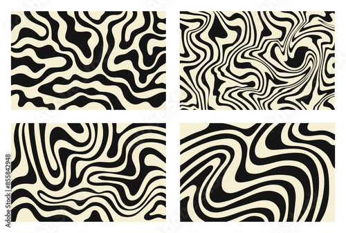 Fototapeta Naklejka Na Ścianę i Meble -  Set of abstract horizontal background with black and beige waves. Trendy vector illustration in style retro 60s, 70s. 	