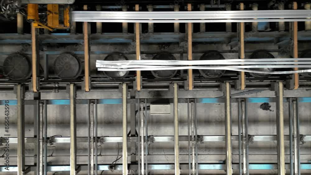 Machine for the production of metal profiles. Aluminium profiles placed in a row inside an aluminium profile factory. quality and precision, Miter saw. Cutting of aluminum profile. Machine for the production of metal profiles. Aluminium profiles placed in a row inside an aluminium profile factory. quality and precision, Miter saw. Cutting of aluminum profile.