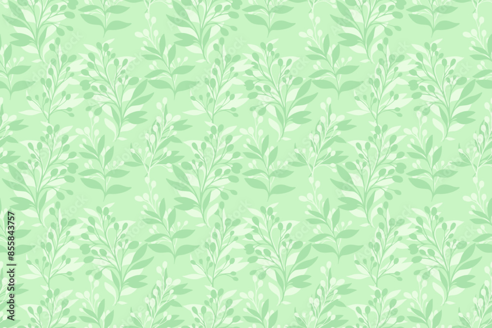 Monotone mint green pattern with shape botanical branches leaves. Vector hand drawing sketch. Simple abstract background leaf floral light printing. Design for fashion, fabric, wallpaper