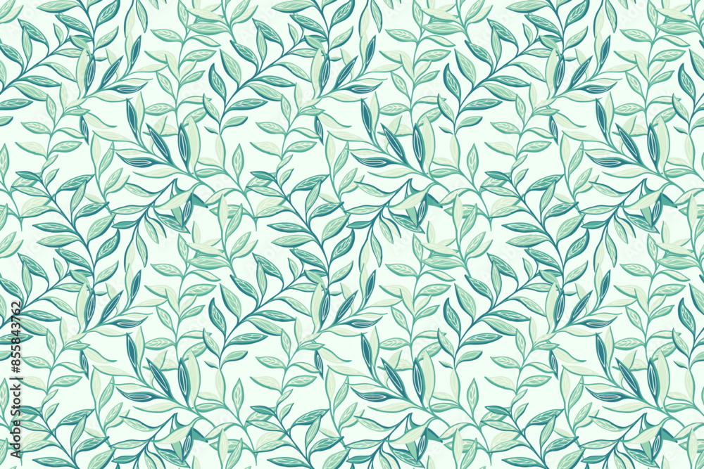 Fototapeta premium Abstract artistic jungle pattern with creative branches leaves. Pastel mint botanical contemporary seamless print. Vector hand drawing illustration. Designs for fabric, cover, textiles, fashion