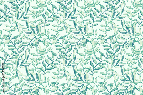 Abstract artistic jungle pattern with creative branches leaves. Pastel mint botanical contemporary seamless print. Vector hand drawing illustration. Designs for fabric, cover, textiles, fashion