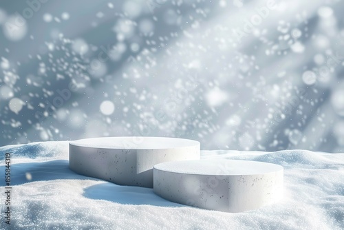 Podium for Cosmetic Product Presentation Show. Abstract Winter Minimal Sphere. Cylinder Two Forms, Shadow. Showcase Display Case Scene Stand. Snow Falling, Blue Backdrop. Christmas, New Year Vibe Mood