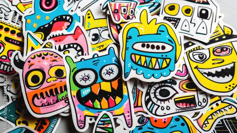 A pile of stickers with different designs on them A pile of stickers with different designs on them