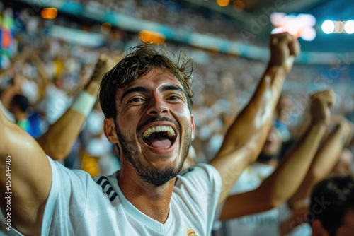 Excited soccer fan cheering and celebrating goal in crowded stadium © Minerva Studio