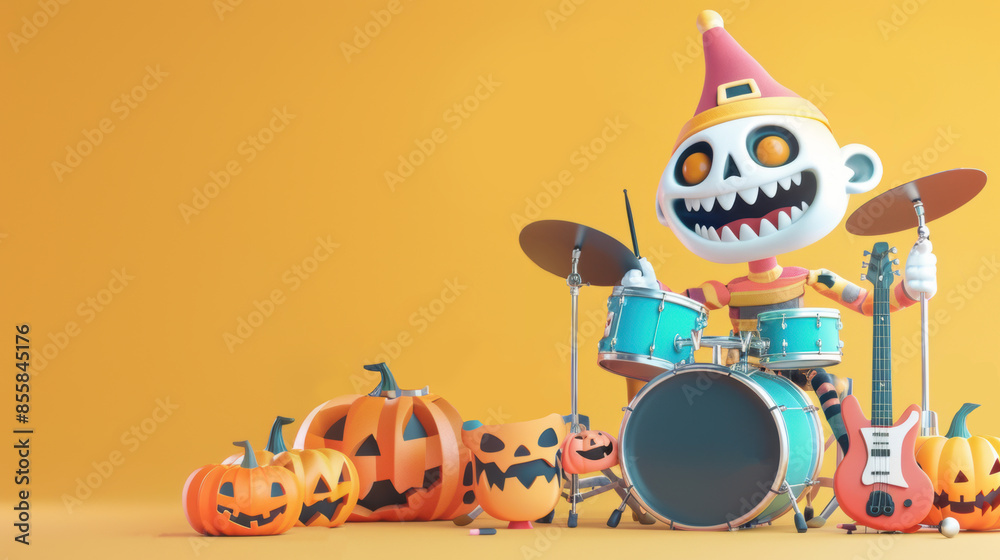 Naklejka premium A cartoon skeleton drummer surrounded by pumpkins and jack - o