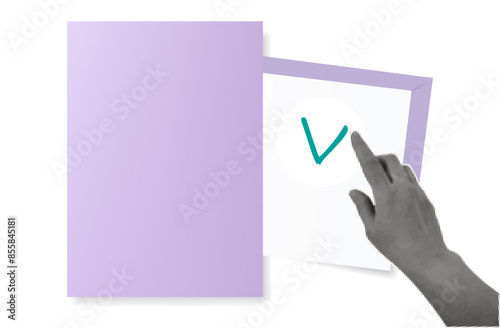 Approve document. Woman's hand showing green tick. Focus on the goal, the right choice in the exam, quiz, test. The information has been verified. Filled document. Collage halftone style. Vector.