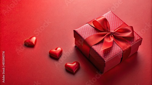 Red Valentine love gift box with heart symbols and ribbon, Valentine, love, gift, box, red, heart, symbol, ribbon © joompon