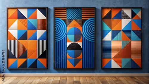 Three modern abstract posters featuring geometric shapes in bold blue, vibrant orange, and sleek black hues, arranged vertically in a visually striking composition. photo