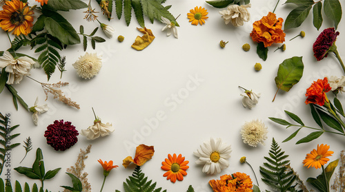 White background with colorful flowers and green leave