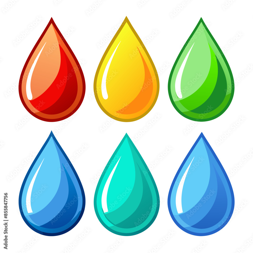 Six differently colored water drops on a white background Six differently colored water drops on a white background