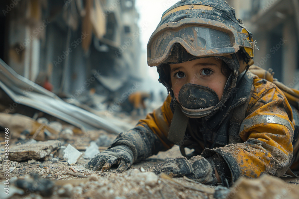 Child in protective gear in disaster-stricken area Child in protective gear in disaster-stricken area