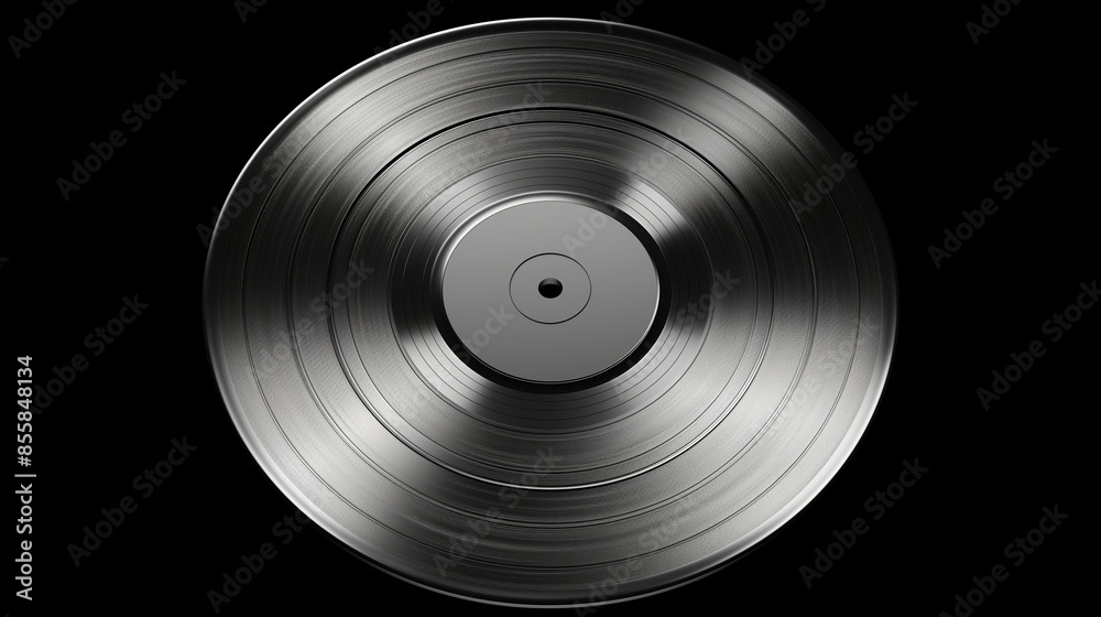 A silver record with a black label. The record is old and has a vintage feel to it A silver record with a black label. The record is old and has a vintage feel to it
