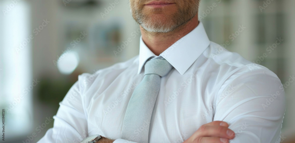 A man wearing a white shirt and a tie with a silver pattern. He is standing with his arms crossed and looking at the camera