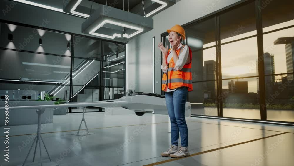 Full Body Side View Of Asian Female Engineer With Safety Helmet Smiling To Camera And Saying Wow While Standing With Drone Project Full Body Side View Of Asian Female Engineer With Safety Helmet Smiling To Camera And Saying Wow While Standing With Drone Project
