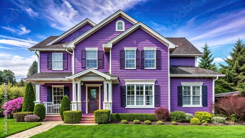 Vibrant violet house with traditional windows and shutters on a grand lot in a quiet subdivision against a blue sky