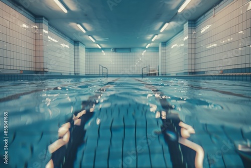 An image of an unoccupied swimming pool with sparkling clear water, devoid of any swimmers in the lanes.