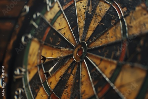 A detailed image of a dartboard with darts stuck in it. photo