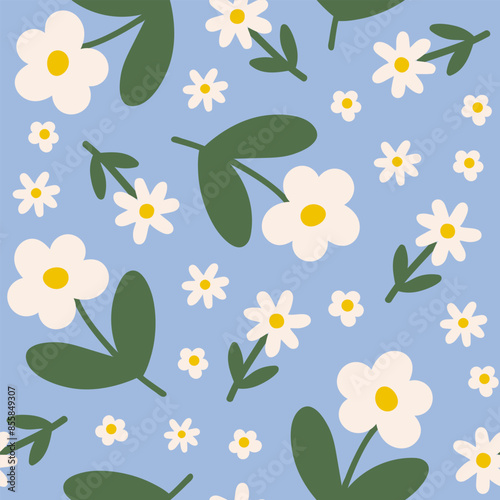 Abstract floral seamless pattern. Colorful botanical print. Cute groovy flowers on a blue background. Blue, white and green colors. Vector illustration