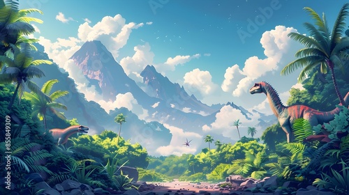 Fototapeta Naklejka Na Ścianę i Meble -  Friendly Prehistoric Dinosaurs in Lush Jungle Landscape with Erupting Volcanoes