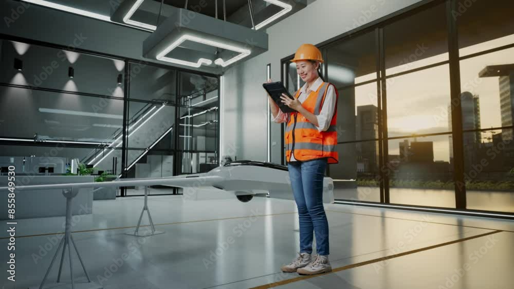 Full Body Side View Of Asian Female Engineer With Safety Helmet Taking Note On The Tablet And Looking Around While Standing With Drone Project Full Body Side View Of Asian Female Engineer With Safety Helmet Taking Note On The Tablet And Looking Around While Standing With Drone Project