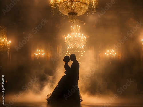 Elegant Ballroom Dance Couple in Formal Attire Under Chandelier Lighting photo