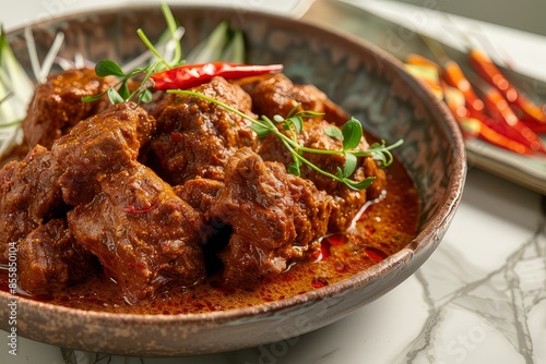 A portion of Rendang is served on a plate. Close up 