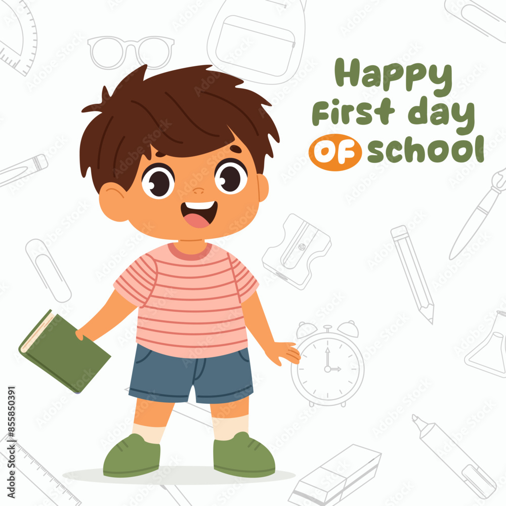 Cute smiling pupil boy holding book. Preschool kid go to  school. Back to school