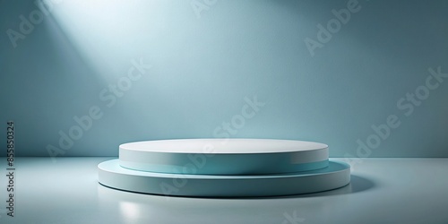 Minimal circular podium with pastel blue matte finish surrounded by light gray accents, podium, circular, minimal