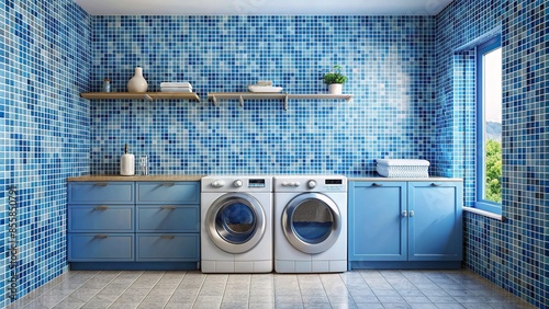 Stylish laundry room with blue small motif tiles, perfect for a functional and trendy space