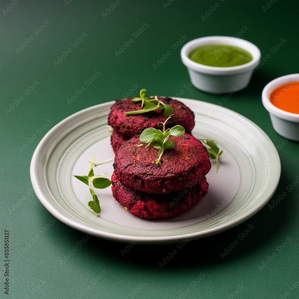 Beetroot patties also called cutlet and tikki served with chutney on green background Beetroot patties also called cutlet and tikki served with chutney on green background