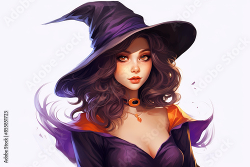 Vibrant young woman witch cartoon character in purple and orange attire with a beautiful face, isolated on a white background.