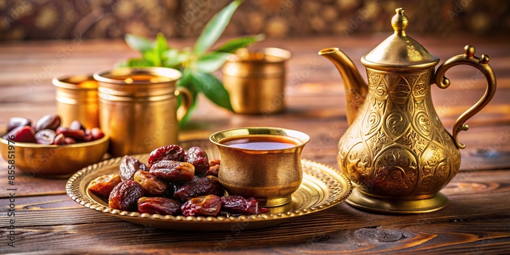Traditional Arabic coffee served in a small golden dallah pot with delicate floral motifs, accompanied by dates, Arabic