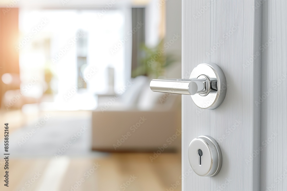 Doorknob. Metal door handle lock and latch of brass on veneer doors. Door wooden half opening through interior bedroom background, selective focus. Modern trends in interior design. Close-up. Doorknob. Metal door handle lock and latch of brass on veneer doors. Door wooden half opening through interior bedroom background, selective focus. Modern trends in interior design. Close-up.