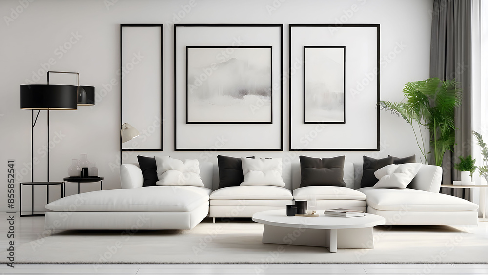 Spacious modern living room featuring a large sectional sofa, a trio of framed abstract art, and stylish furnishings Spacious modern living room featuring a large sectional sofa, a trio of framed abstract art, and stylish furnishings