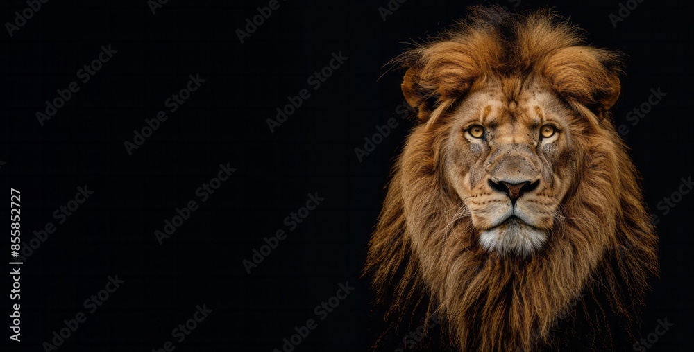 Naklejka premium Majestic front view head shot of lion over black background with copy space. Generative AI